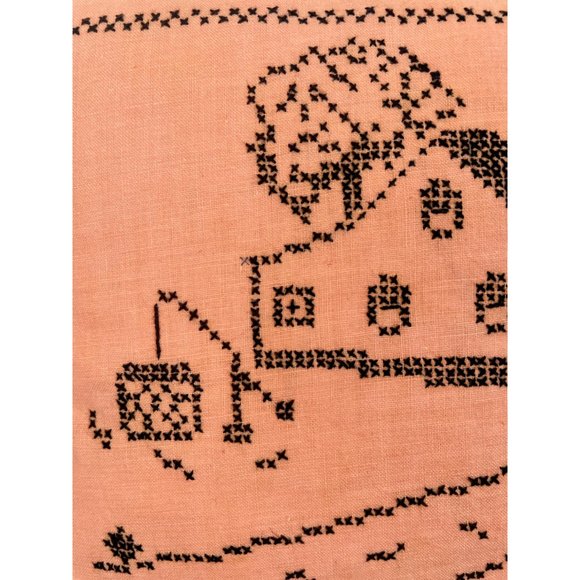 Vintage 1930s Feather Pillow Cross Stitched "the House by the Side Of the Road" - Picture 13 of 14